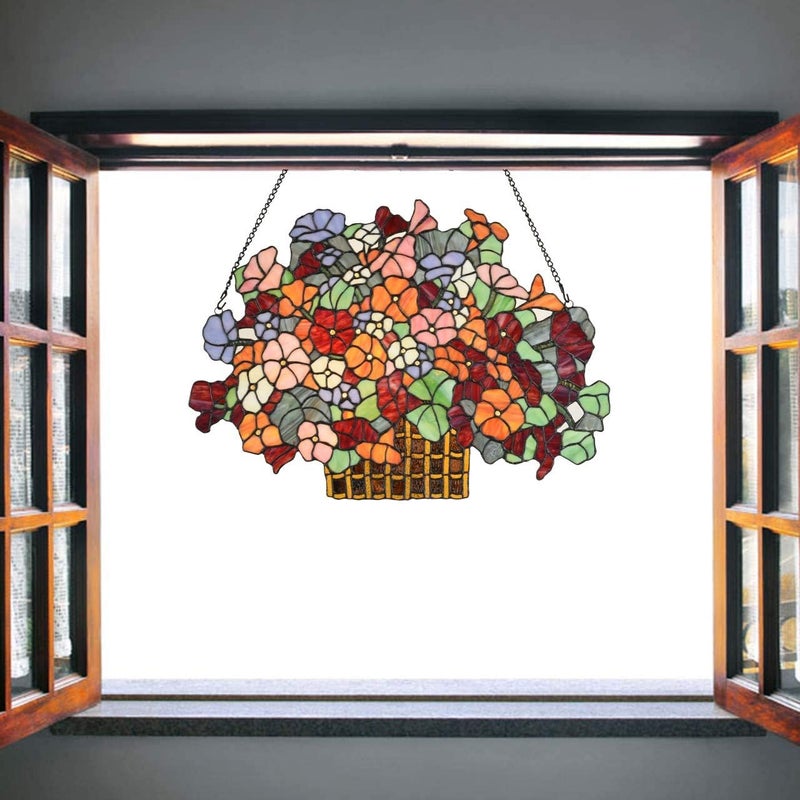 Bieye W10036 Forget-me-nots Flower Myosotis Decorated Basket Tiffany Style Stained Glass Window Panel with Chain, 24" W x 17" H - Image 3